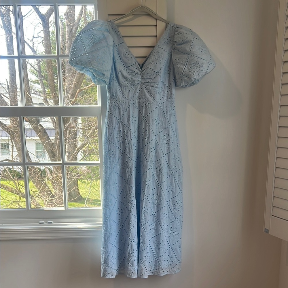 Light Blue Eyelet Puff Sleeve Midi Dress